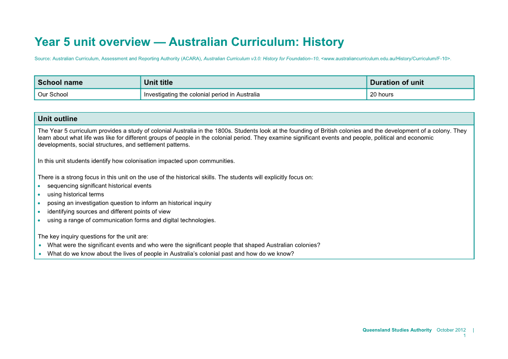 Year 5 Unit Overview Australian Curriculum: History