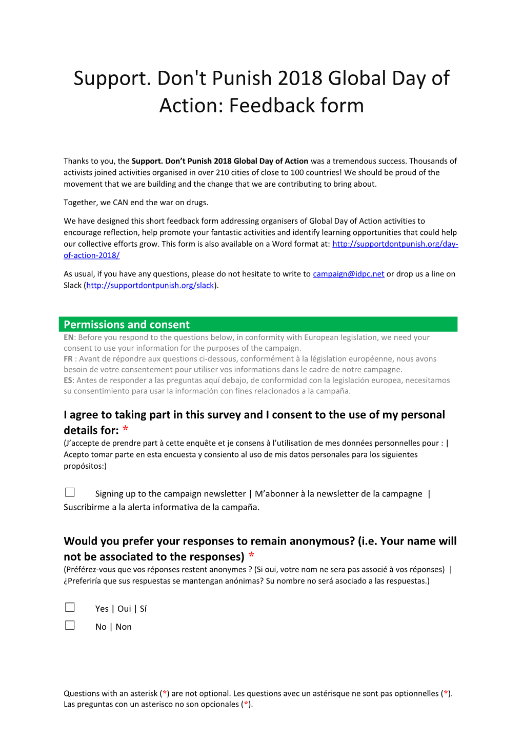 Support. Don't Punish 2018 Global Day of Action: Feedback Form