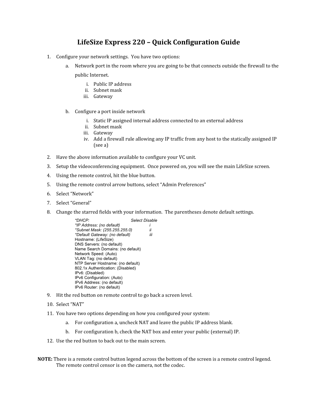 Lifesize Express 220 Quick Configuration Guide