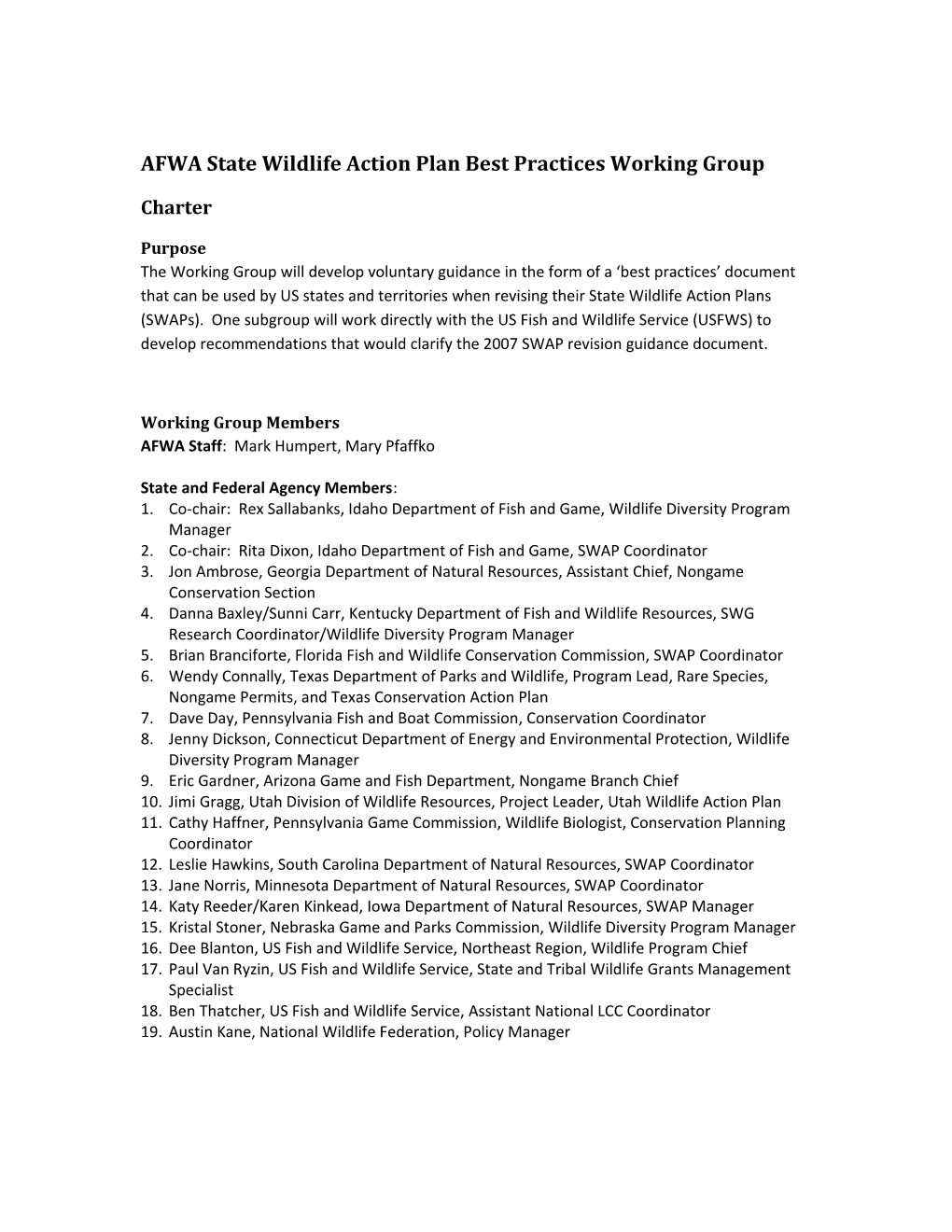 AFWA State Wildlife Action Plan Best Practices Working Group