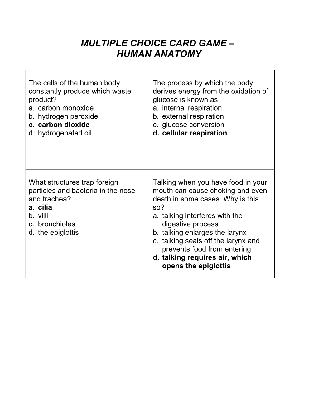 Multiple Choice Card Game