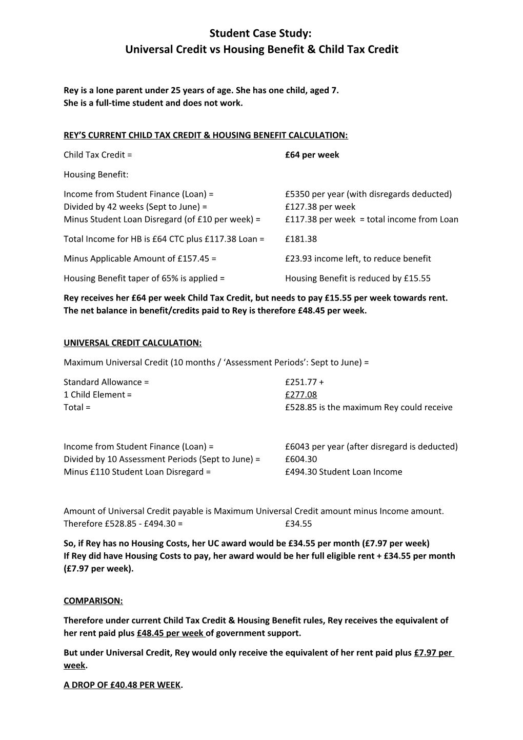 Rey S Current Child Tax Credit & Housing Benefit Calculation