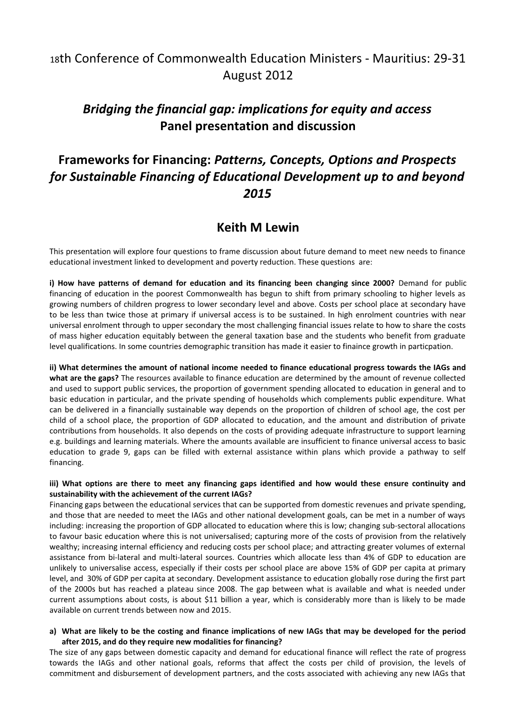 18Th Conference of Commonwealth Education Ministers - Mauritius: 29-31 August 2012