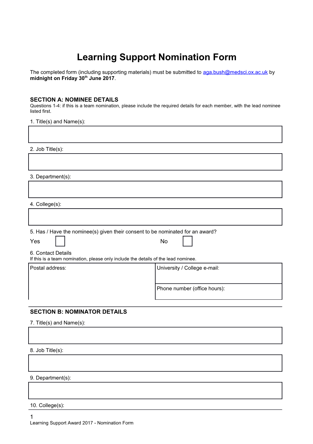 Learning Supportnomination Form