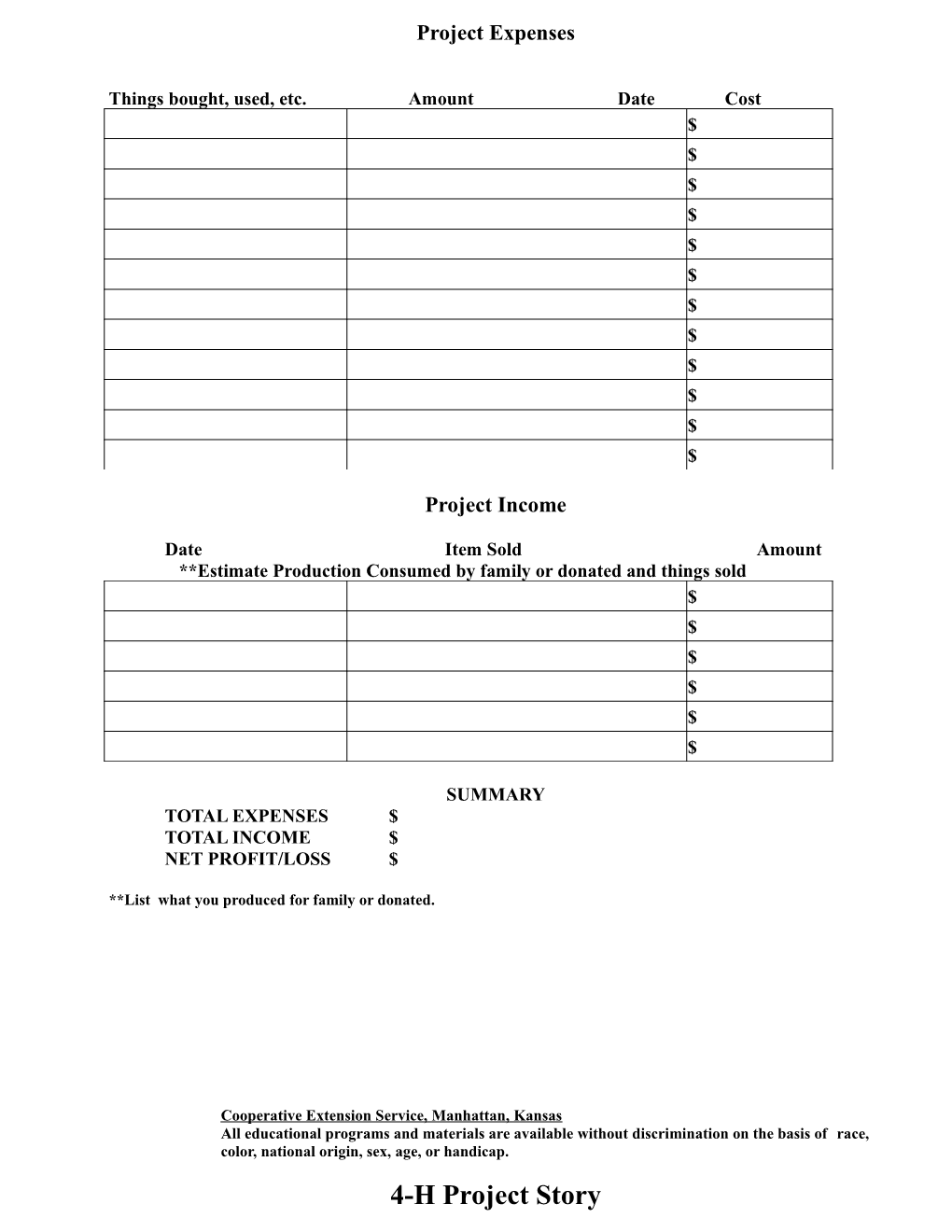 Stanton County 4-H Project Sheet