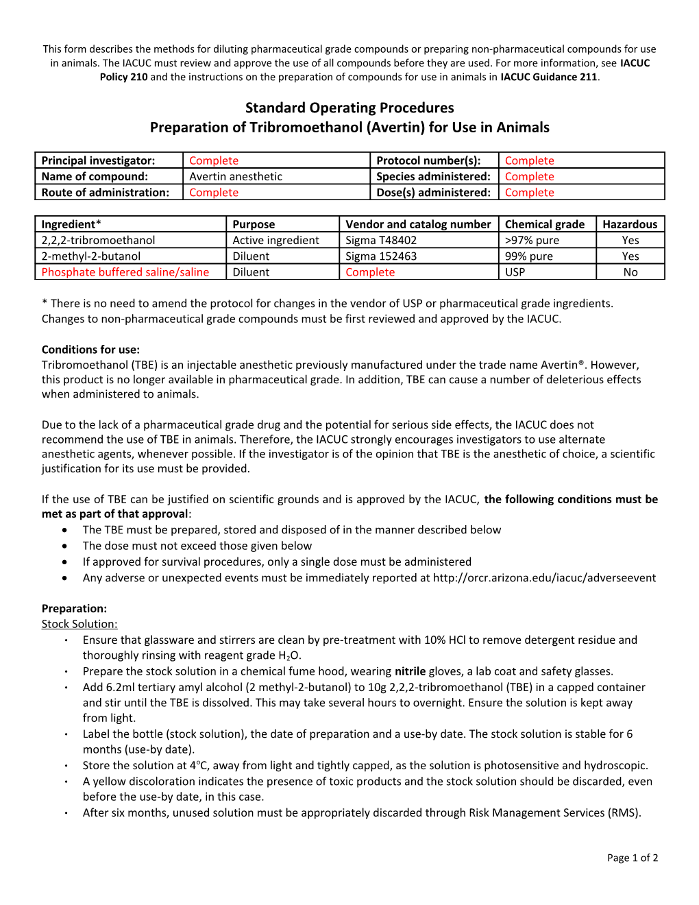 Preparation of Tribromoethanol (Avertin) for Use in Animals