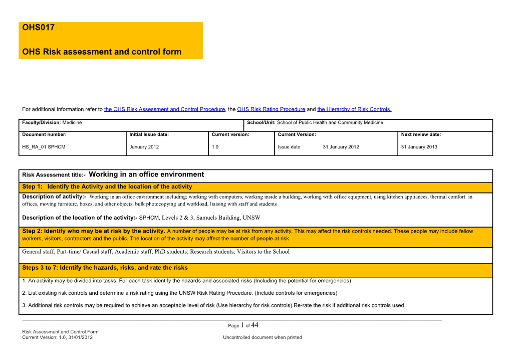 OHS Risk Assessment and Control Form