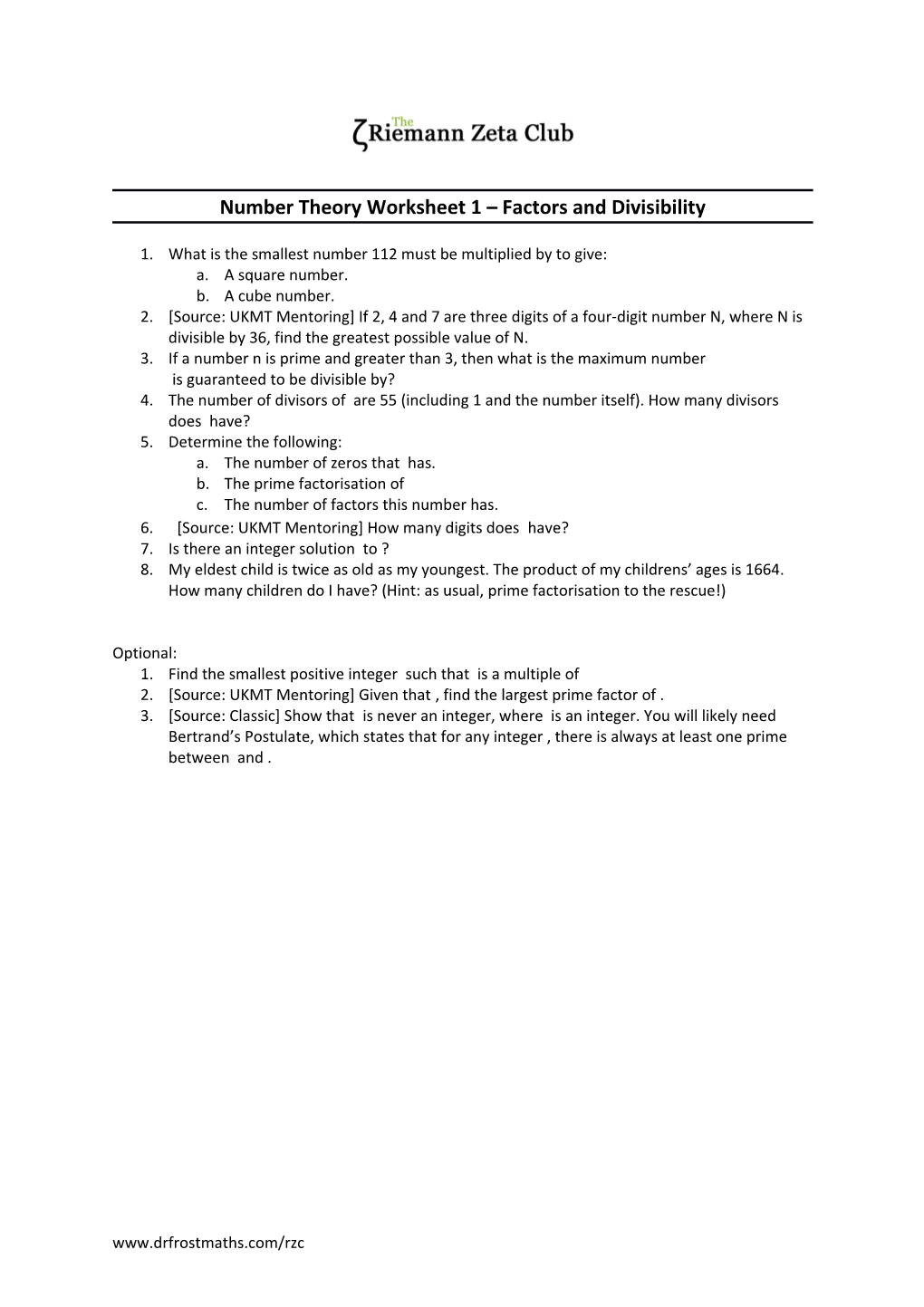 Number Theory Worksheet 1 Factors and Divisibility