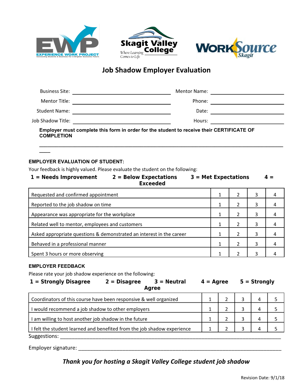 Job Shadow Employer Evaluation