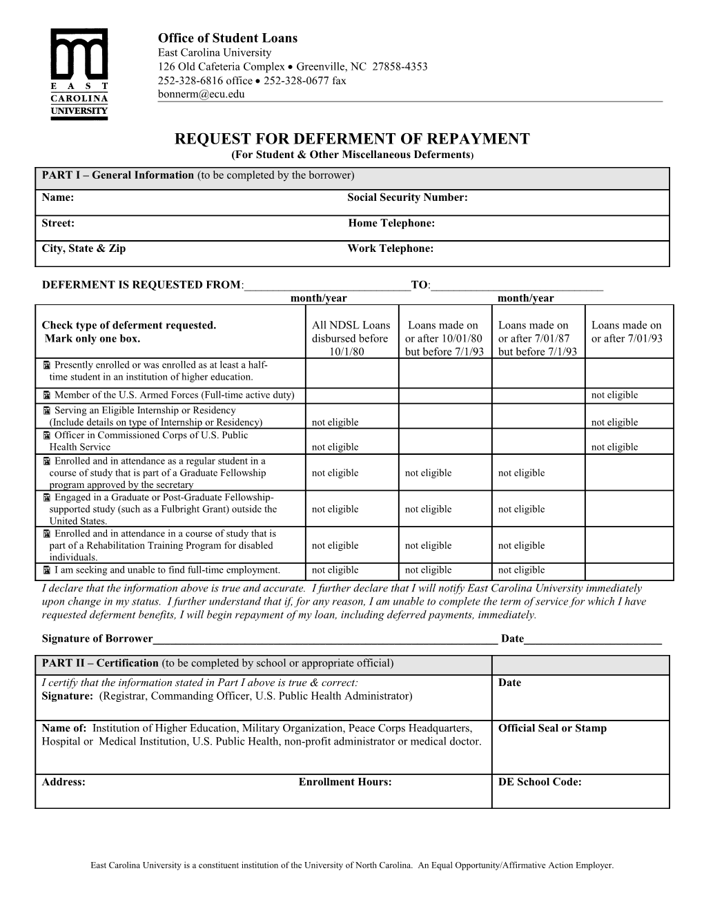 Request for Deferment of Repayment