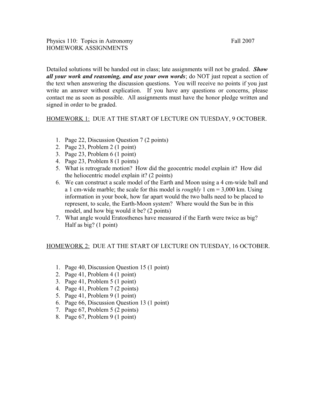 Physics 110: Topics in Astronomyfall 2007