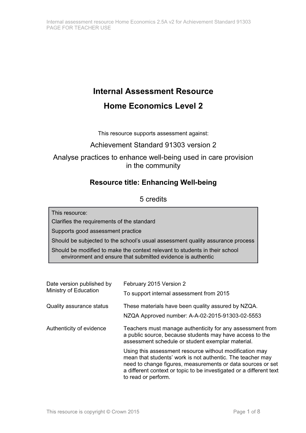 Level 2 Home Economics Internal Assessment Resource