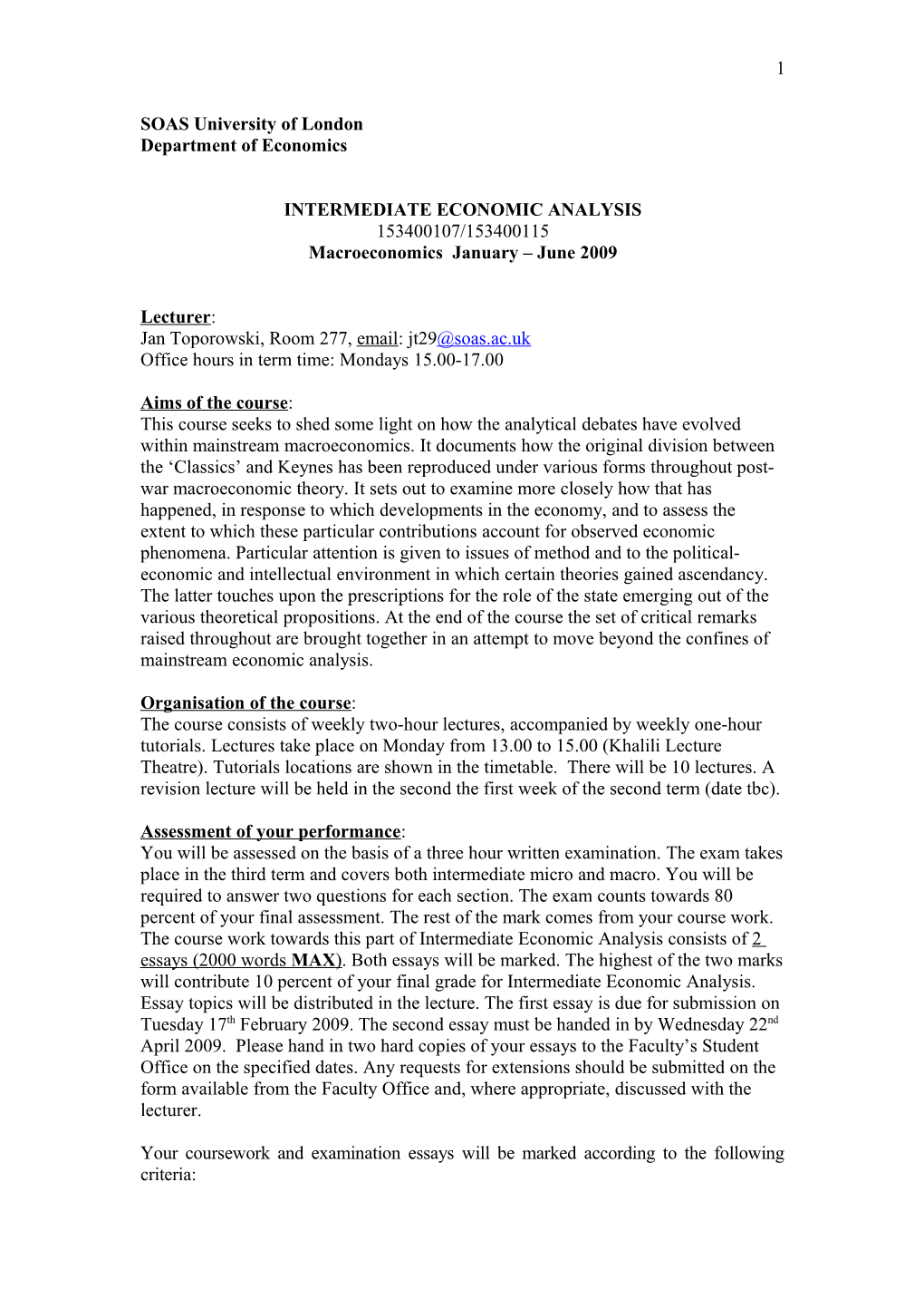 Handbook and Reading List for SOAS Intermediate Economic Analysis 2009