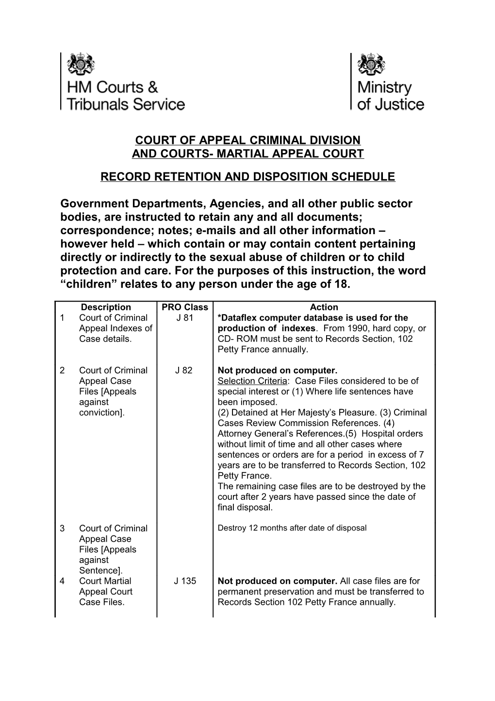 Court of Appeal Criminal Division and Courts- Martial Appeal Court RRDS