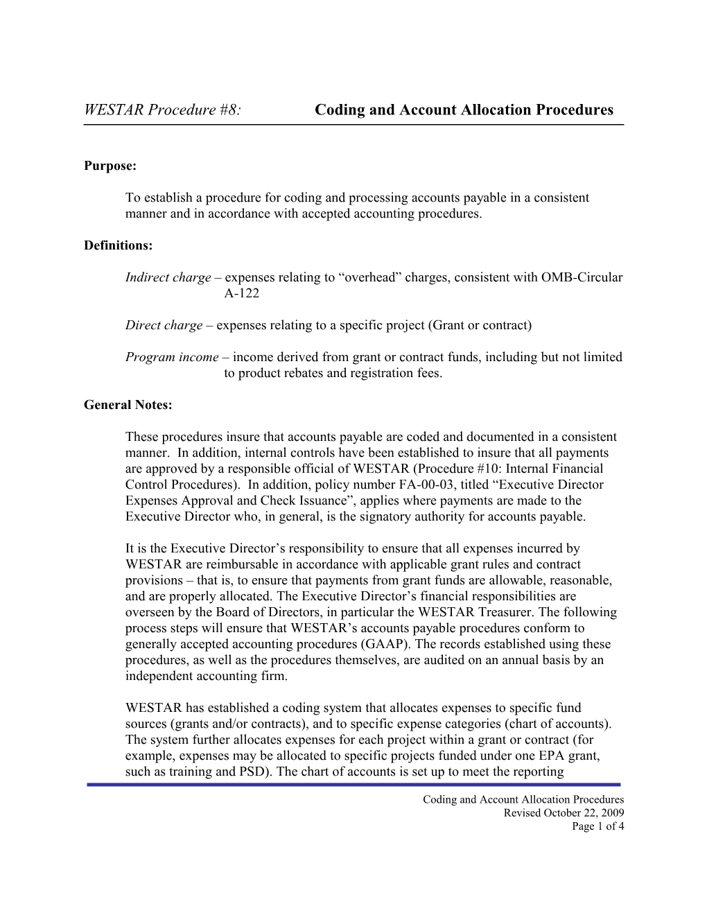 WESTAR Procedure #8: Coding and Account Allocation Procedures