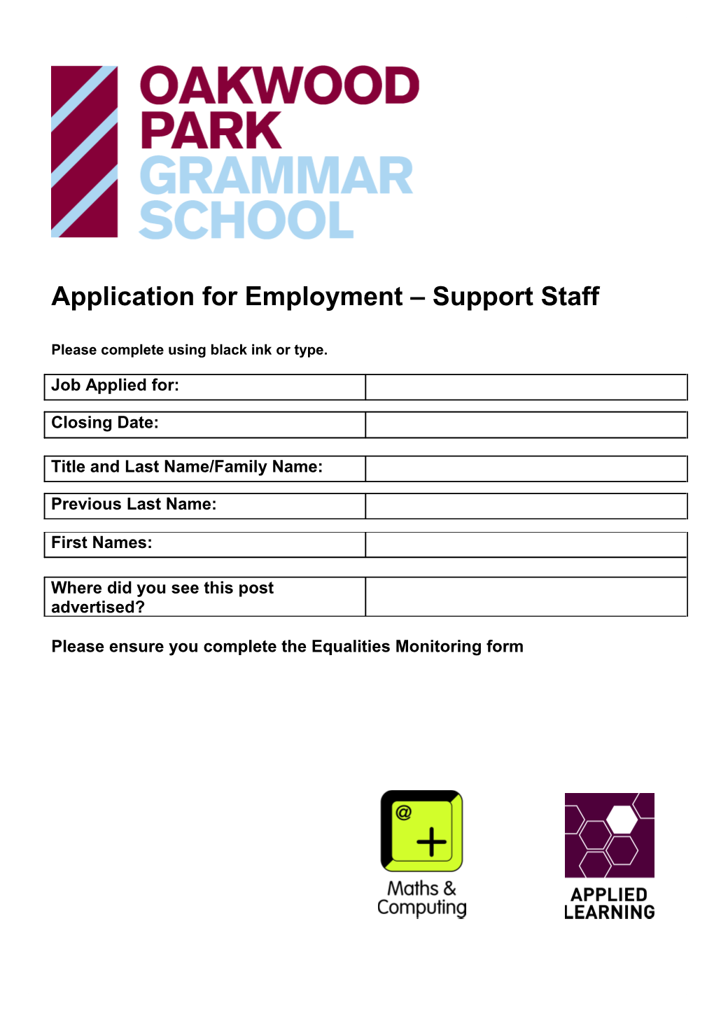 Application for Employment Support Staff