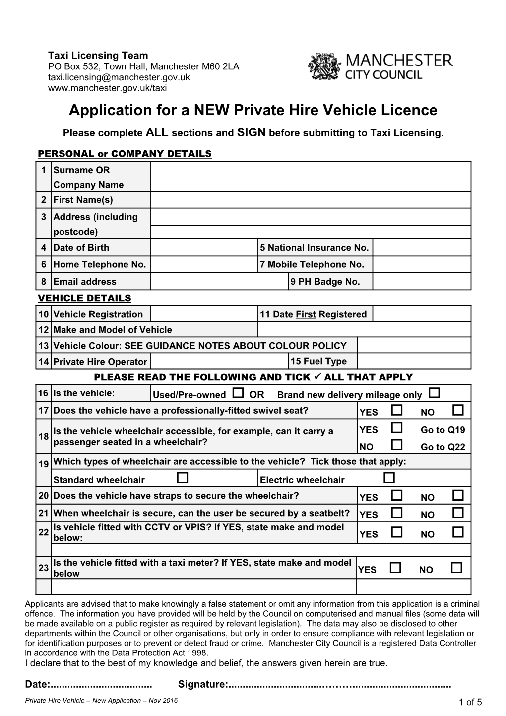 Application for a NEW Private Hire Vehicle Licence