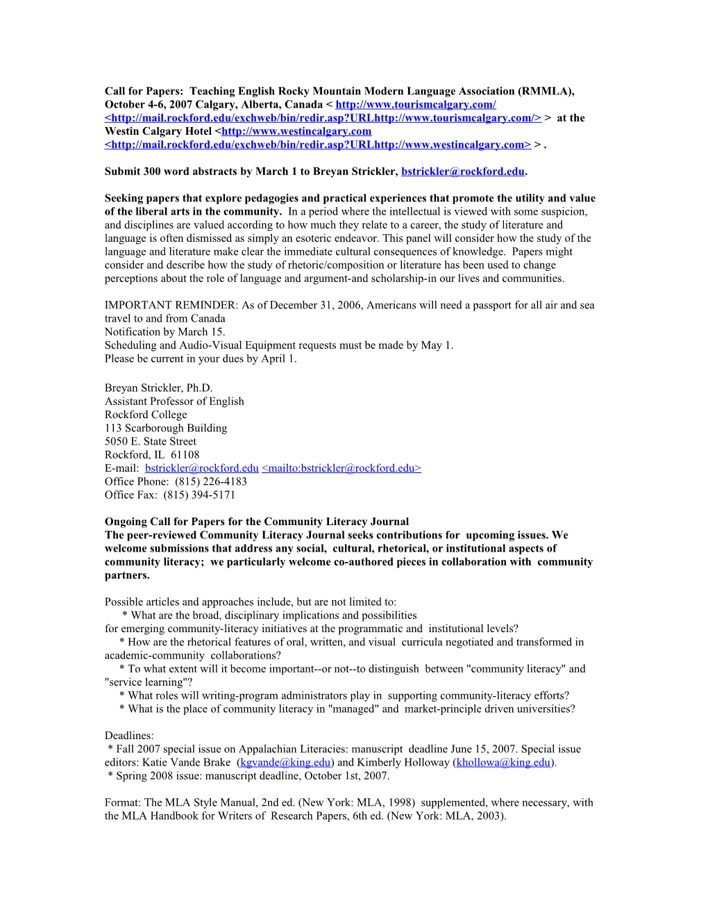 Call for Papers: Teaching English Rocky Mountain Modern Language Association (RMMLA), October