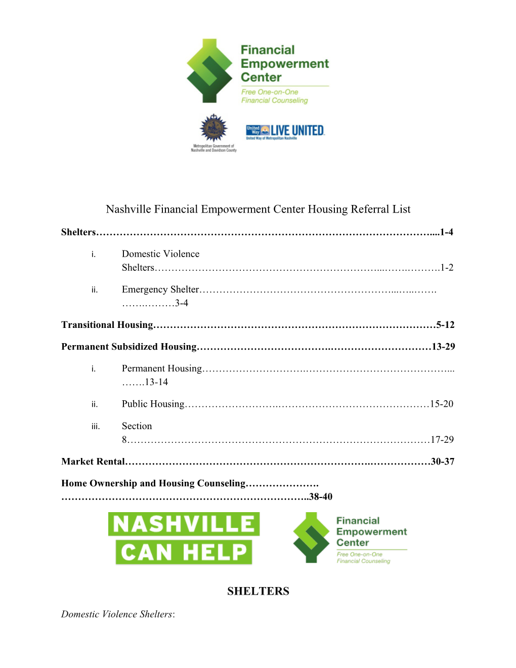 Nashville Financial Empowerment Center Housing Referral List