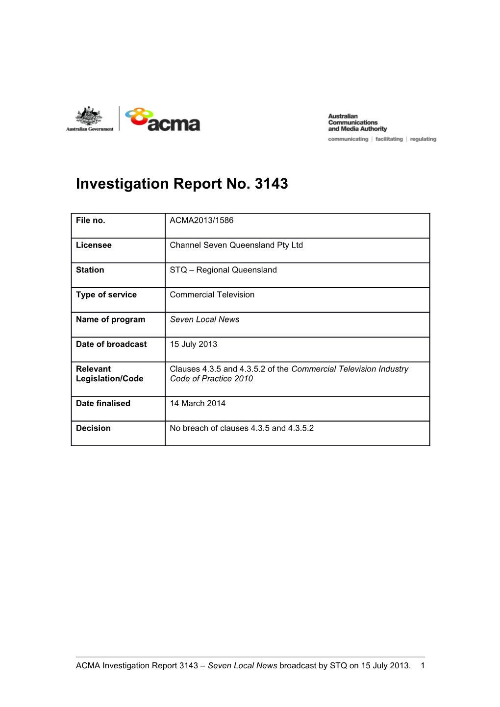Investigation Report No. 3143