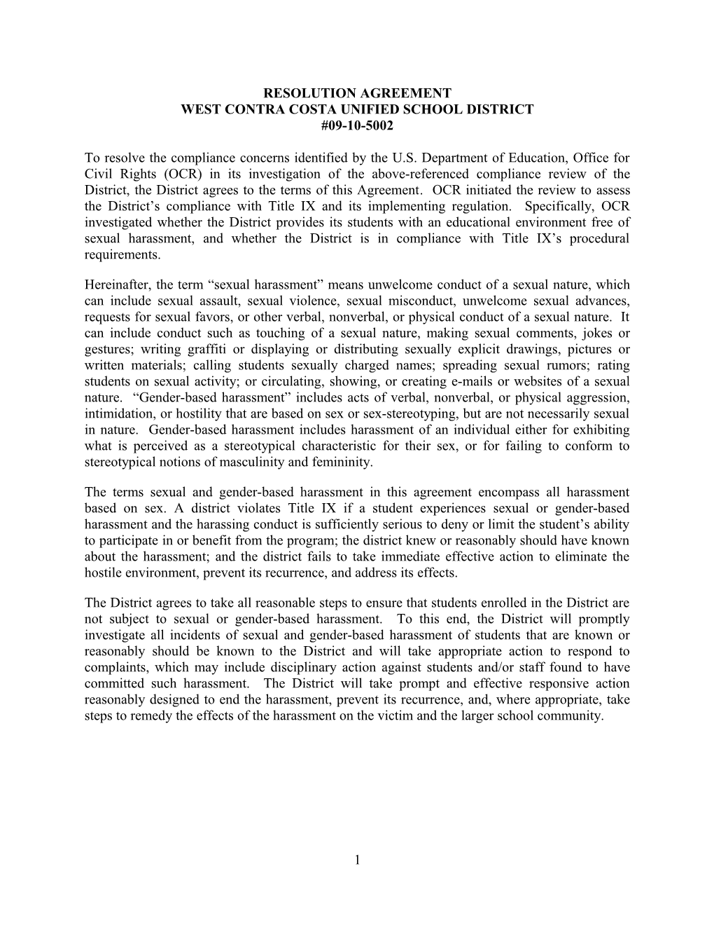 Resolution Agreement, West Contra Costa Unified School District, California: Compliance