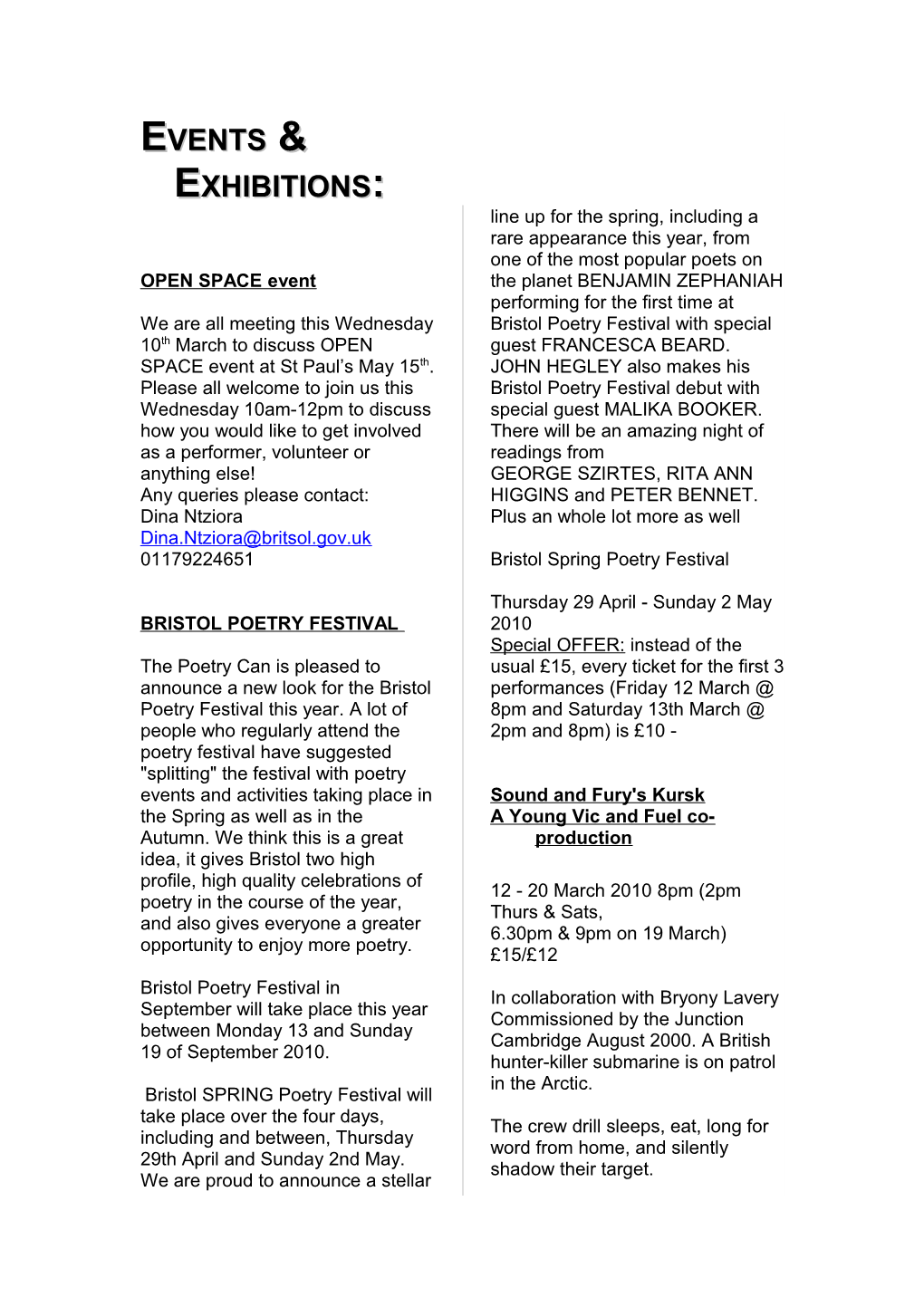 Arts, Festivals and Events Team Bulletin s1