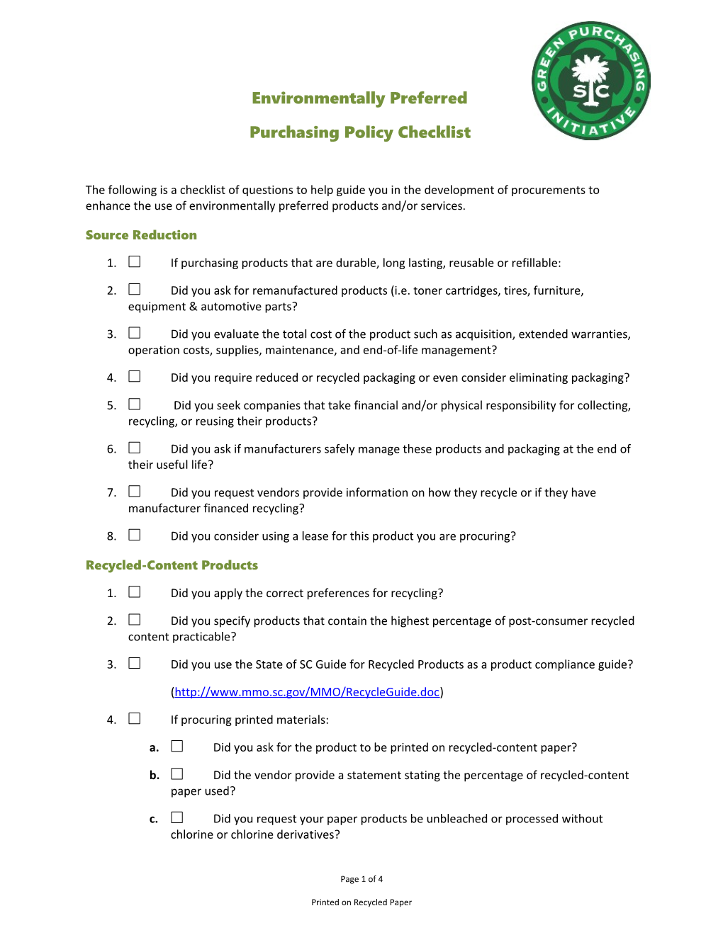 Purchasing Policy Checklist