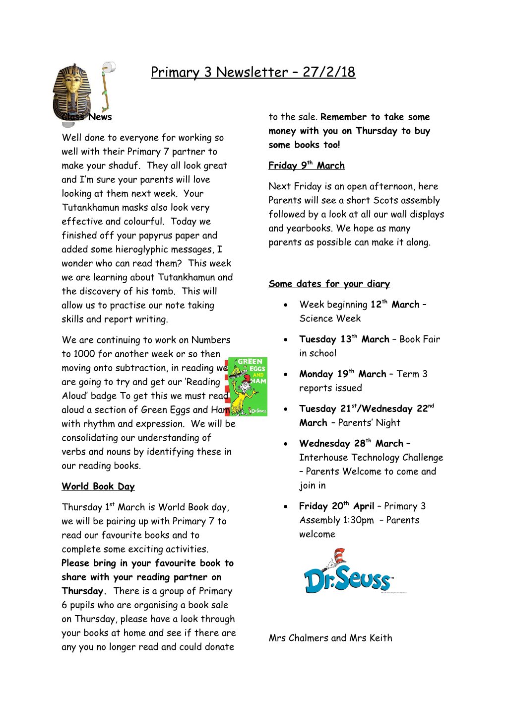 Primary 3 Newsletter 27/2/18