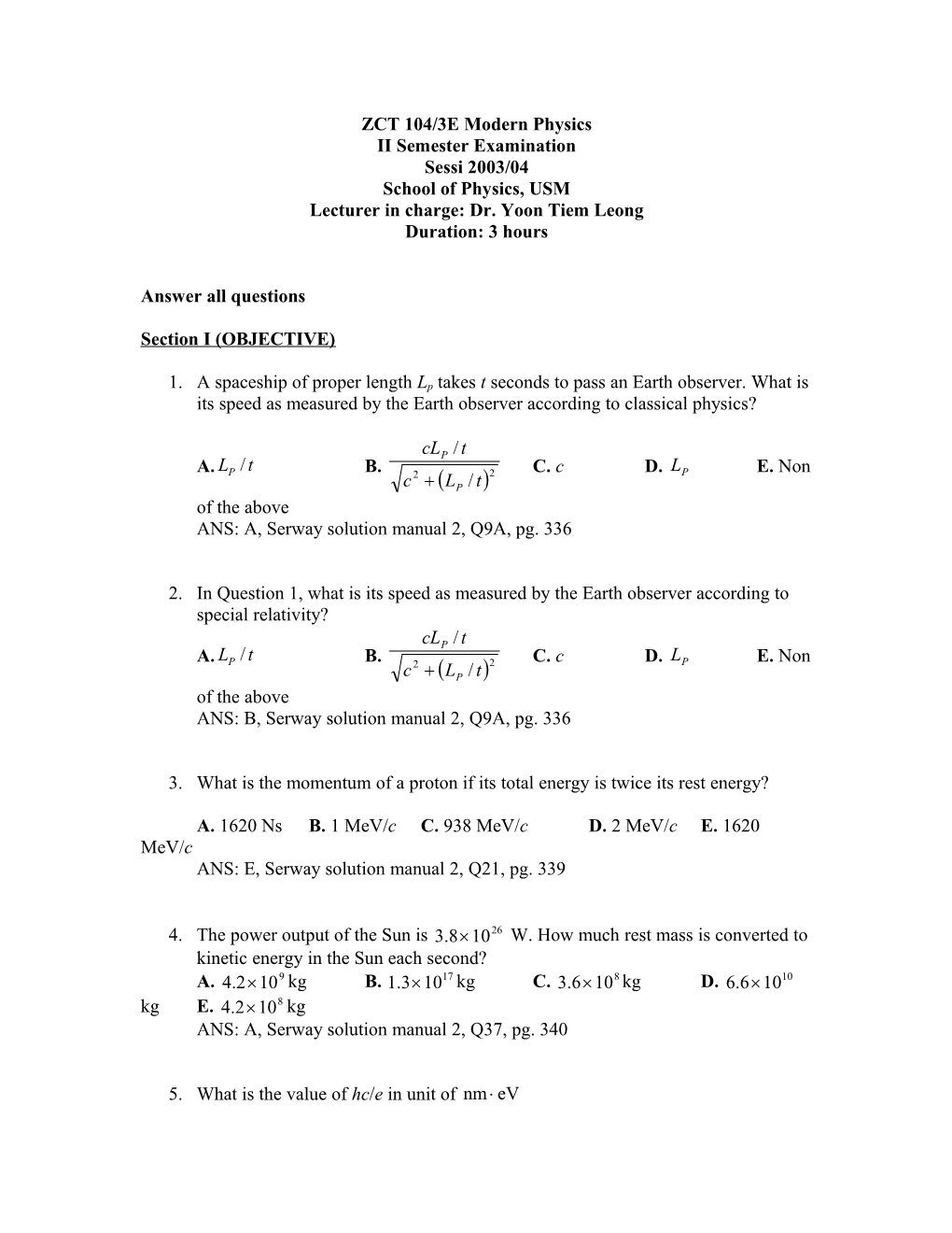 ZCT 104/3E Modern Physics