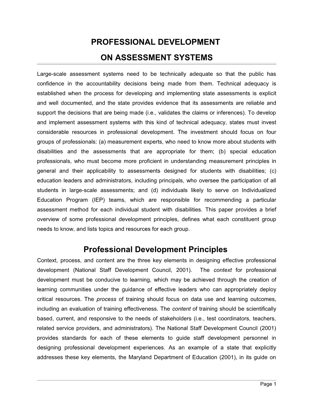 Professional Development on Assessment Systems December 2005 (Msword)