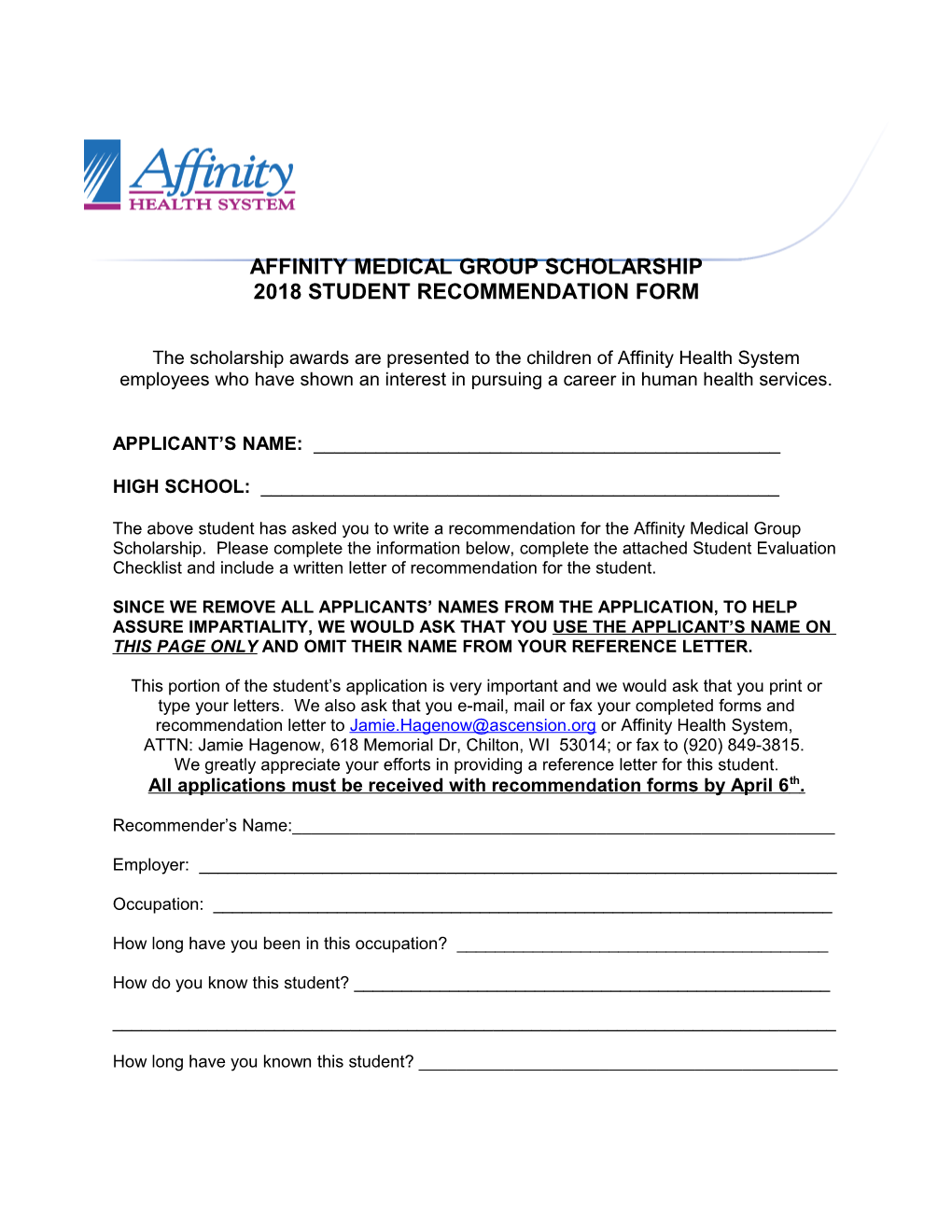 2018 Student Recommendation Form