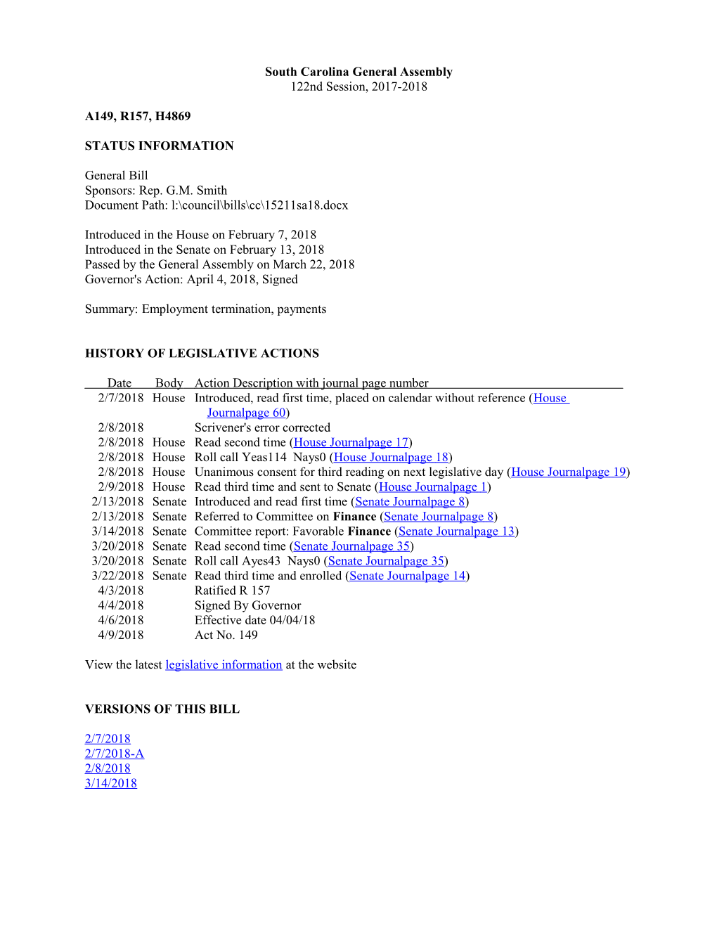 2017-2018 Bill 4869: Employment Termination, Payments - South Carolina Legislature Online