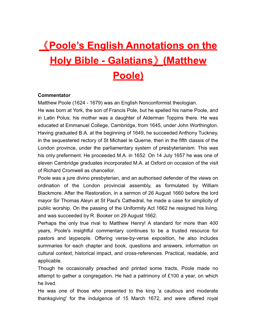 Poole S English Annotations on the Holy Bible - Galatians (Matthew Poole)