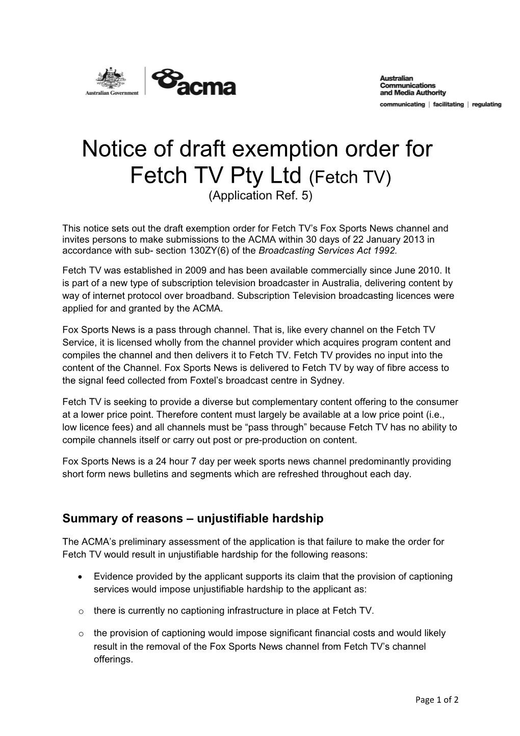Notice of Draft Exemption Order for Fetch TV Cons 5