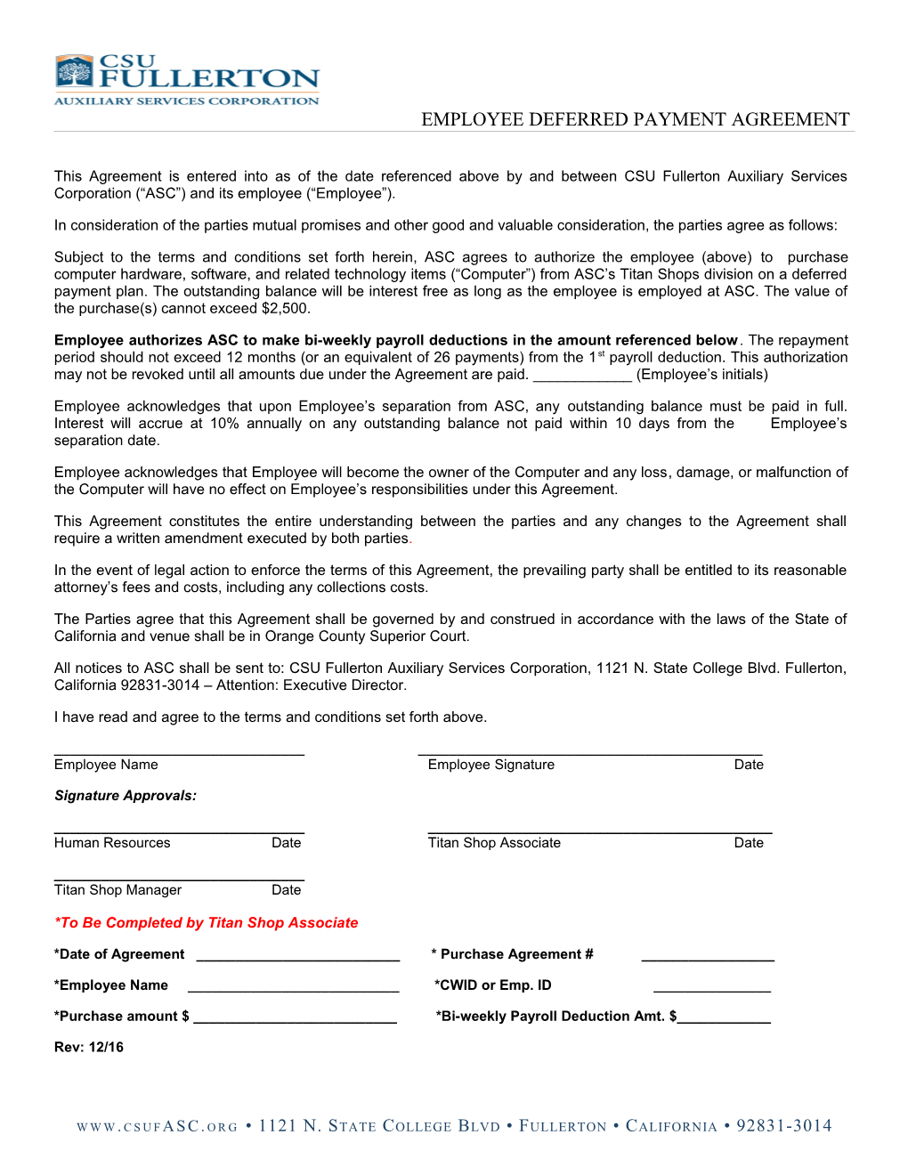 Employee Deferred Payment Agreement