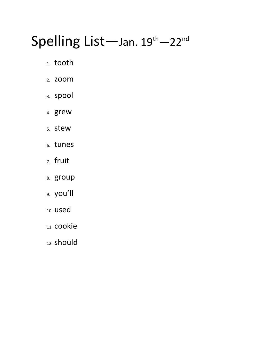 Spelling List Jan. 19Th 22Nd