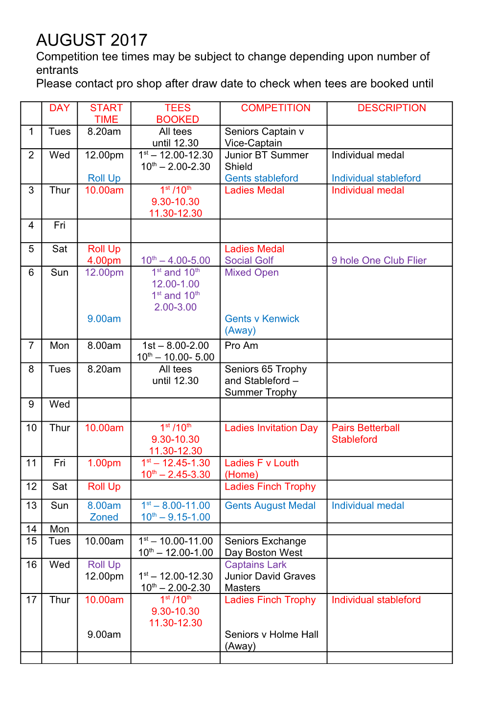 Competition Tee Times May Be Subject to Change Depending Upon Number of Entrants