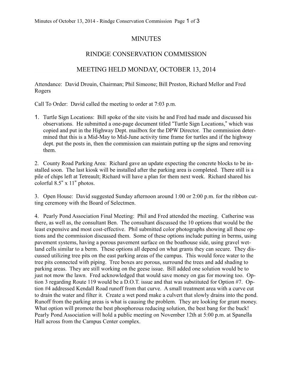 Minutes of October 13, 2014 - Rindge Conservation Commission Page 1 of 3