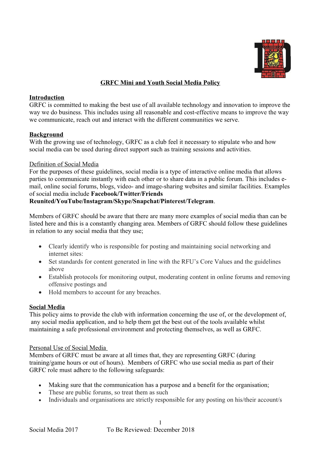 GRFC Mini and Youth Social Media Policy