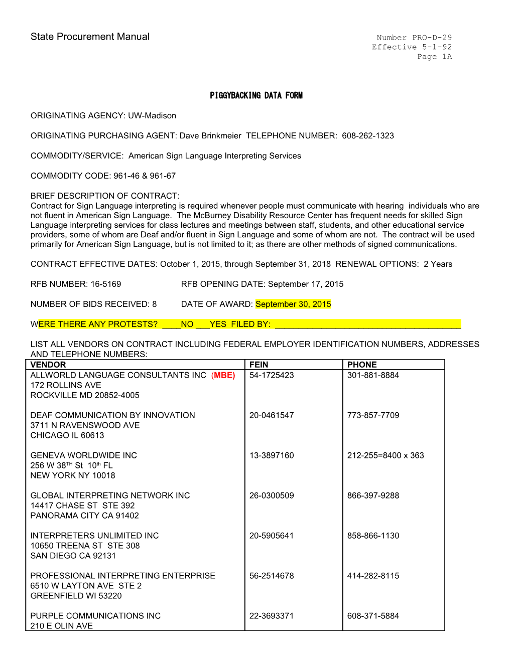 State Procurement Manual Number PRO-D-29 s1