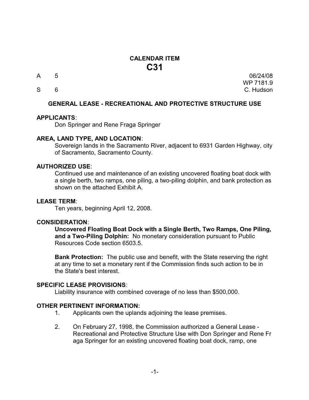 General Lease - Recreational and Protective Structure Use