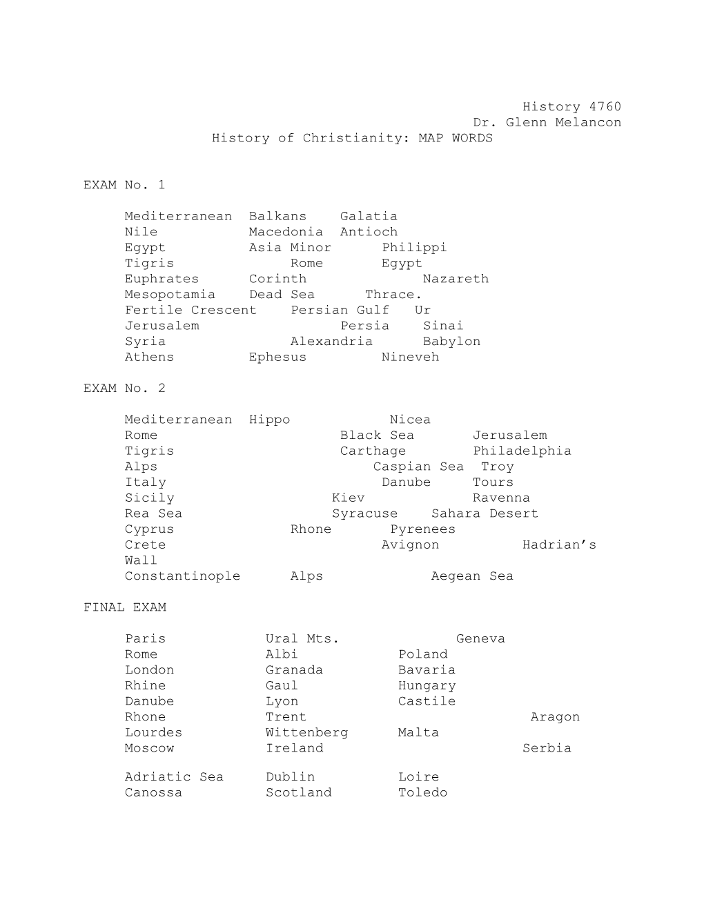 History of Christianity: MAP WORDS