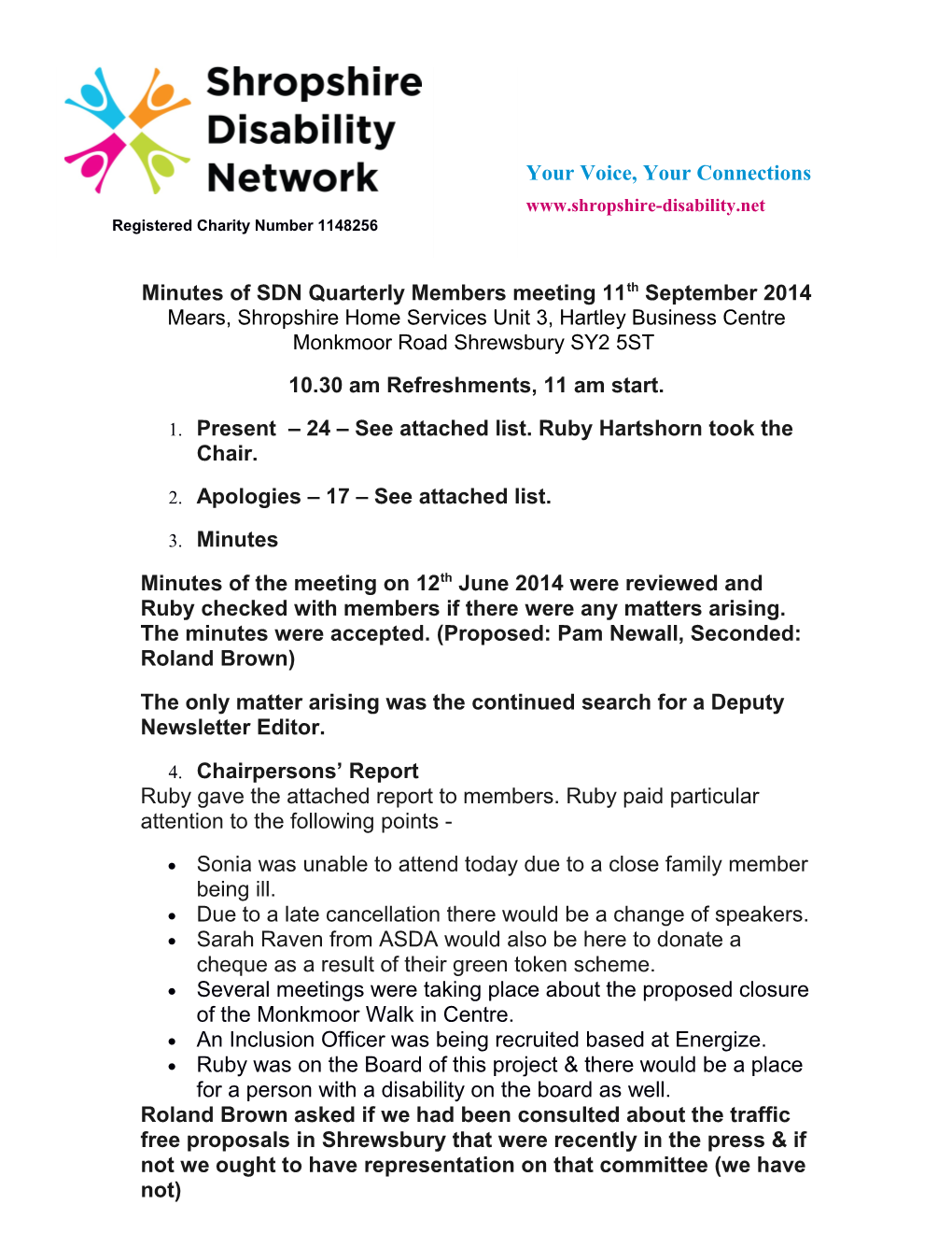 Minutes of SDN Quarterly Members Meeting 11Th September 2014