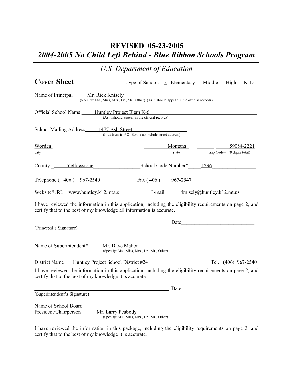 Huntley Project Elementary K-6 School Application: 2004-2005, No Child Left Behind - Blue