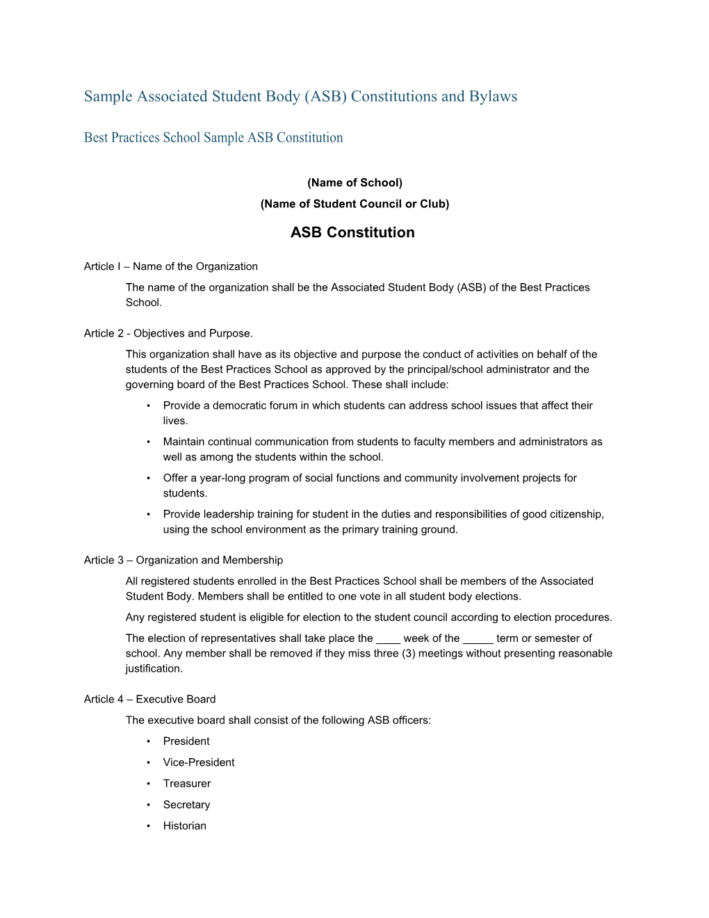 Sample Associated Student Body (ASB) Constitutions and Bylaws