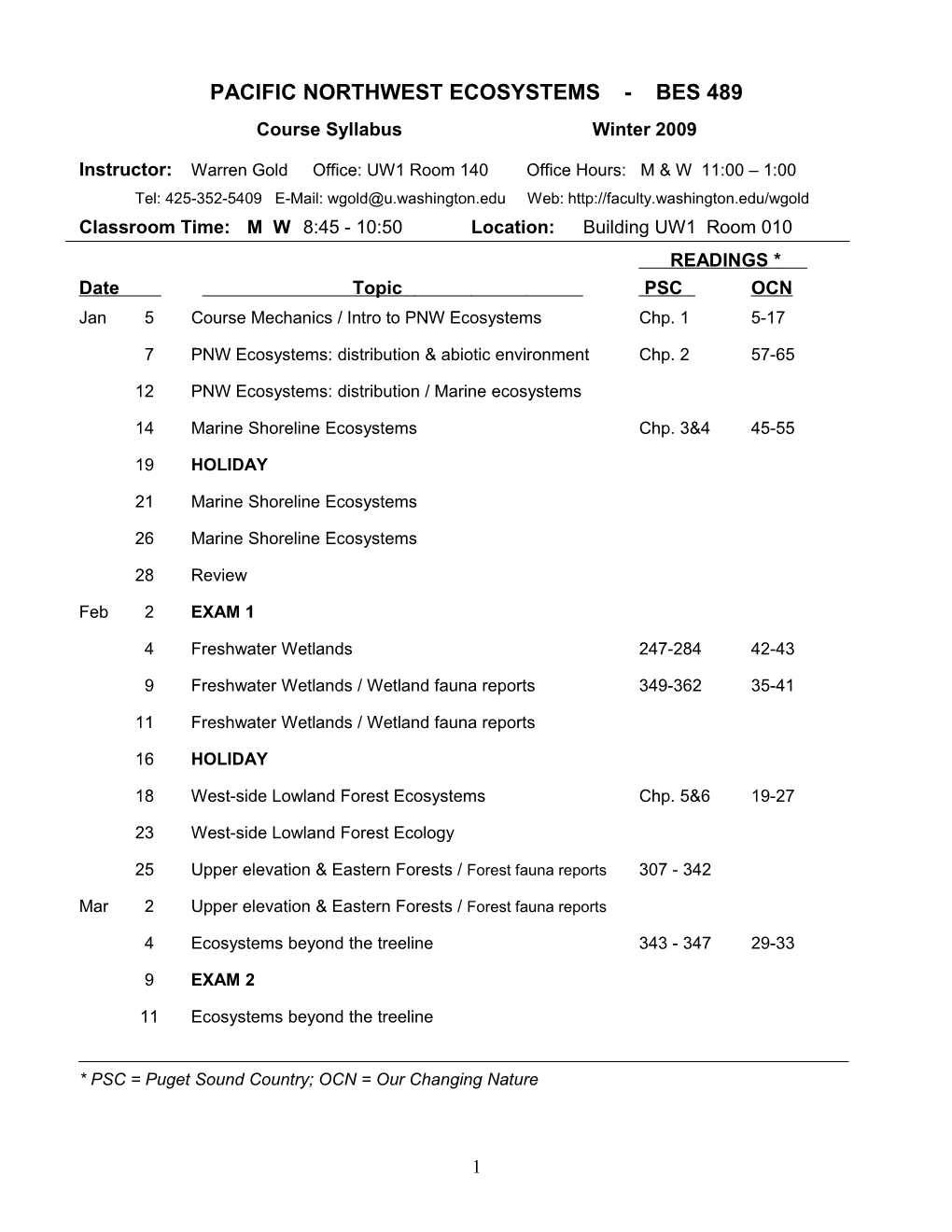 PNW Ecosystems Syllabus - Fall 2001