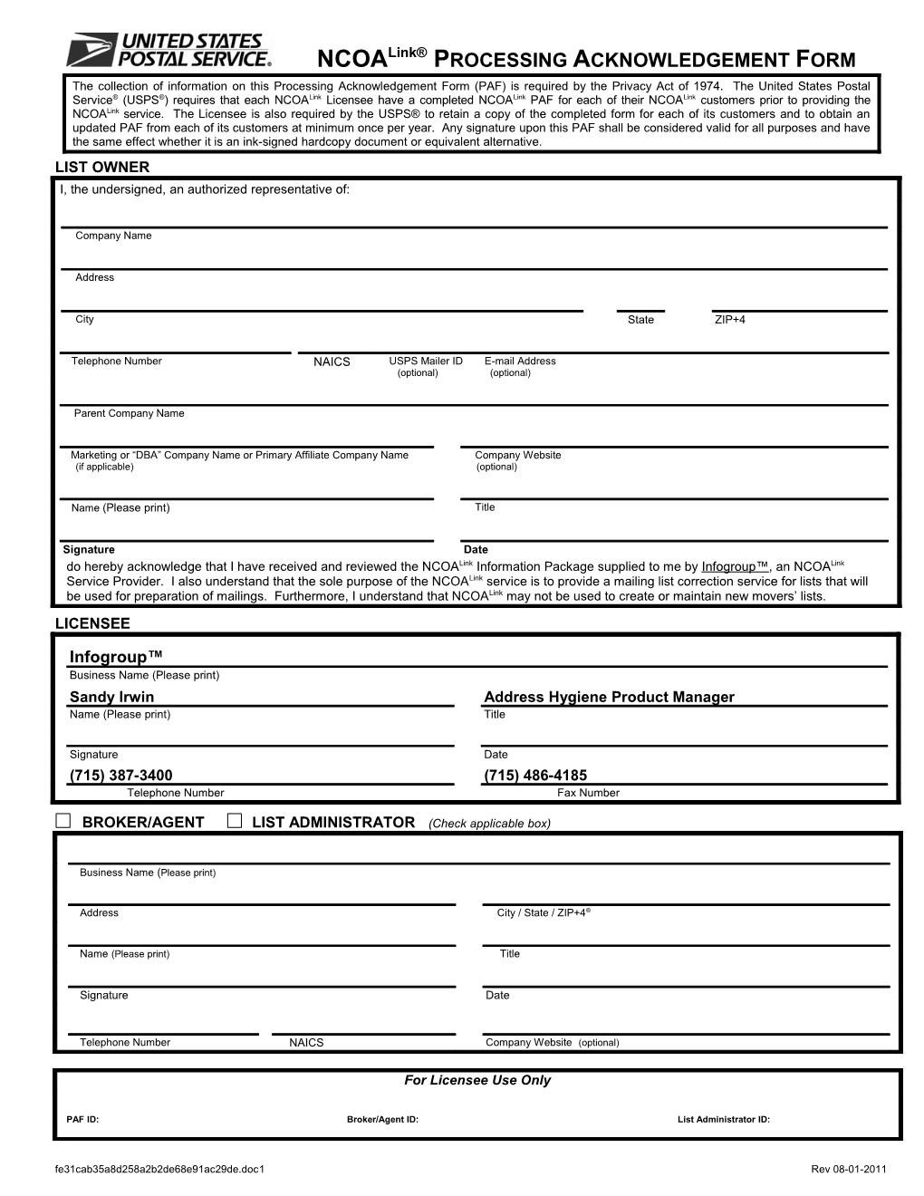 Ncoalink PROCESSING ACKNOWLEDGEMENT FORM