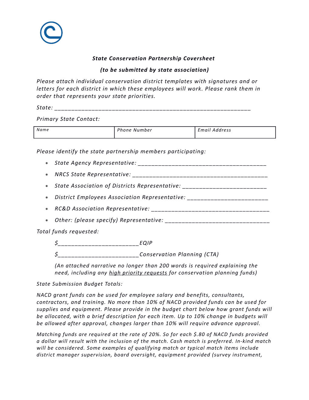 State Conservation Partnership Coversheet