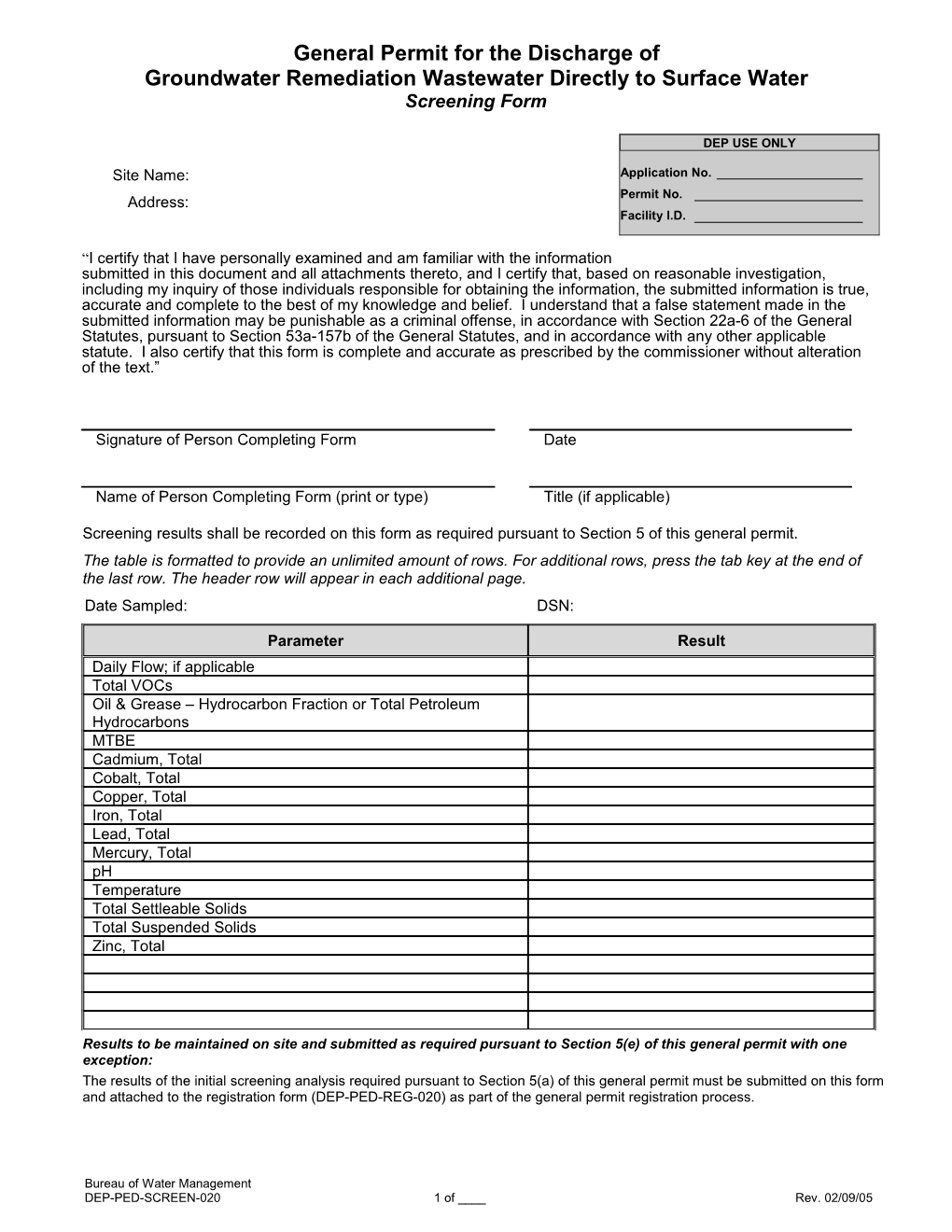 Groundwater Remediation Wastewater Directly to Surface Water Screening Form