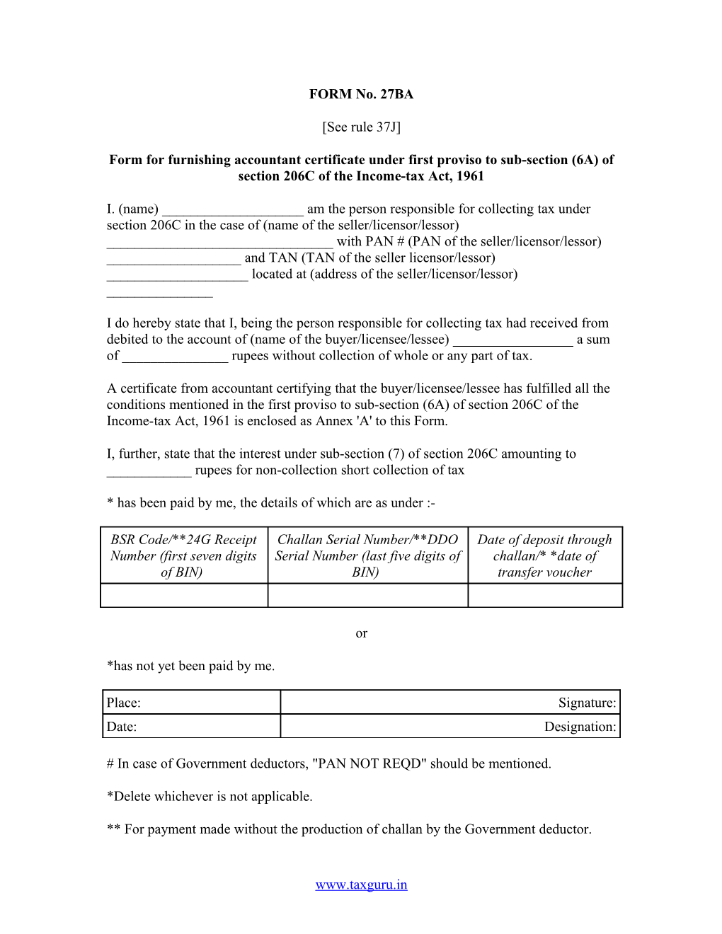 Form for Furnishing Accountant Certificate Under First Proviso to Sub-Section (6A) Of